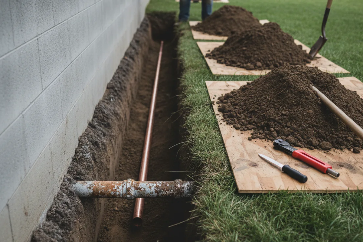 Excavated water line trench during Sewer Line Repair in Zoe